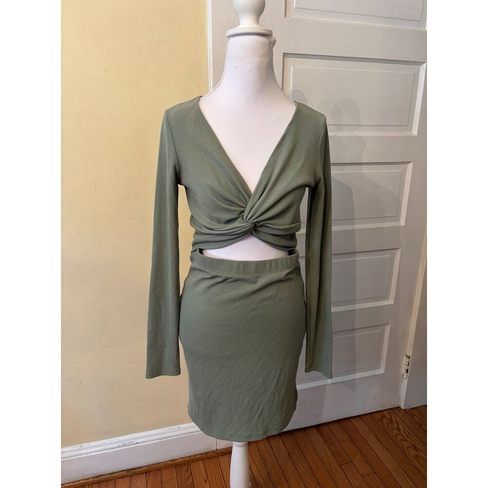 Womens long sleeve mini dress vneck ribbed twist front green fairy cutout party